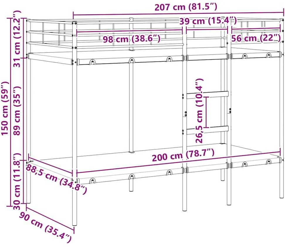 Dviaukštė lova be čiužinio Juoda 90x200 cm Plienas