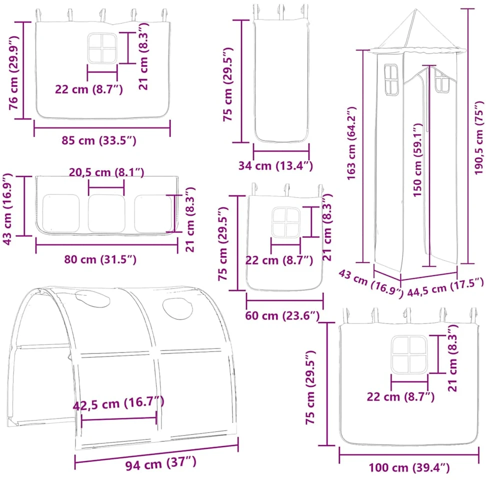 Dviaukštė lova su užuolaidomis, balta/juoda, 90x200cm, pušis