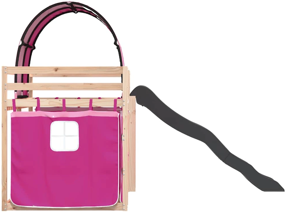 Dviaukštė lova su užuolaidomis ir čiuožykla, rožinė, 80x200cm