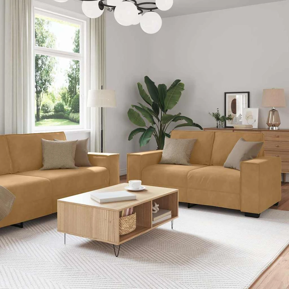 Sofa Dviejų dalių sofos komplektas su pagalvėlėmis, rudas aksomas
