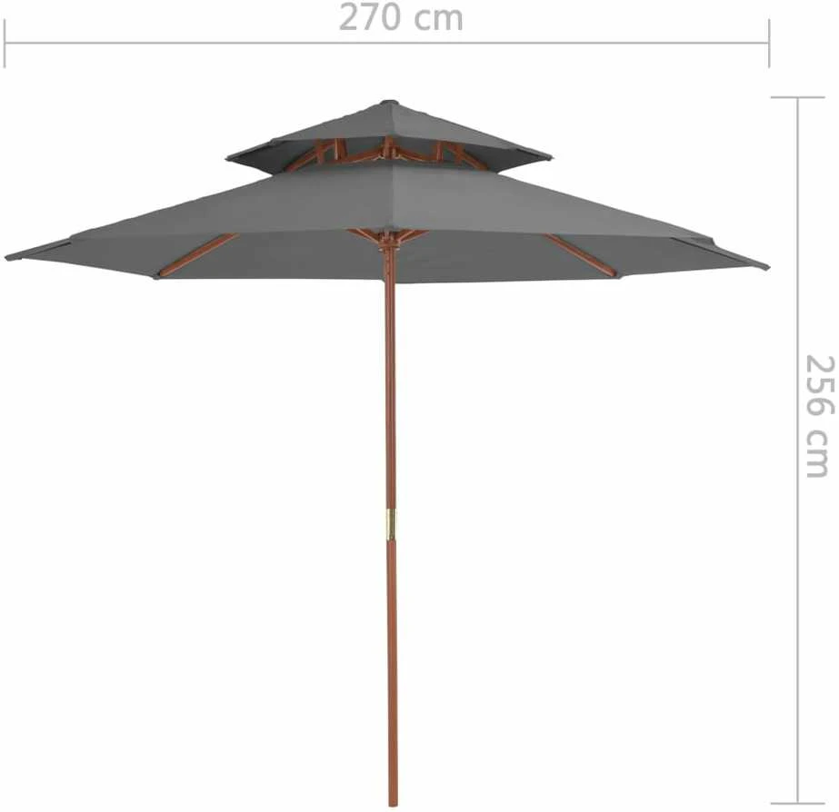Skėtis su mediniu stulpu, antracito, 270cm, su dvigubu stogu