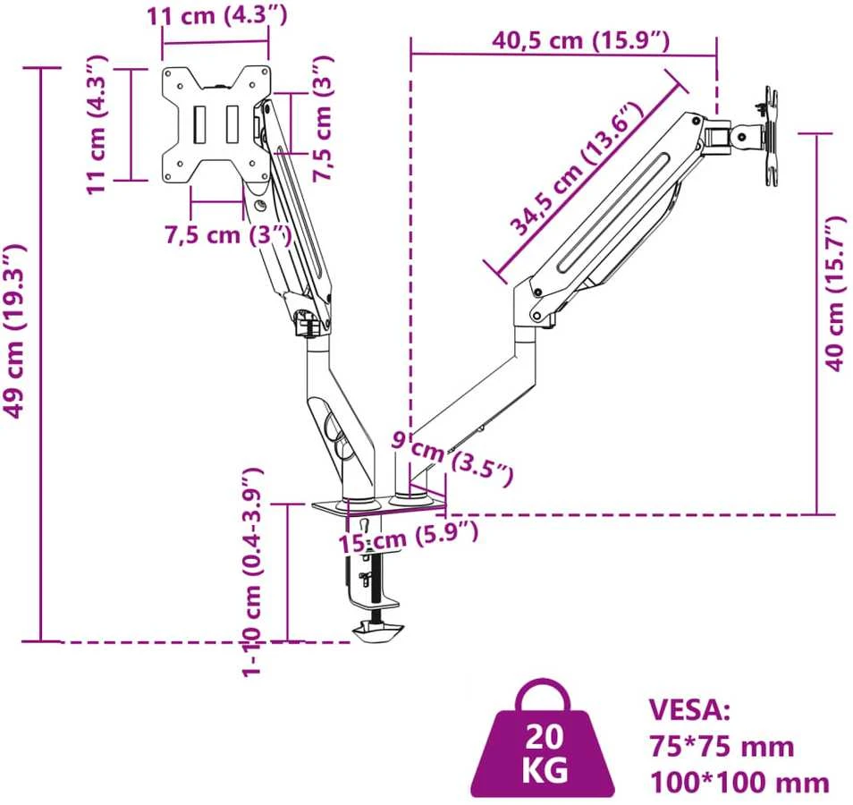 Laikiklis Dviguba monitoriaus rankena max 27 colių ekranui 75/100mm, 20kg