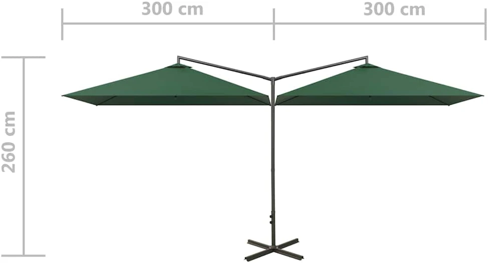 Dvigubas sodo skėtis su plieniniu stulpu, žalias, 600x300cm