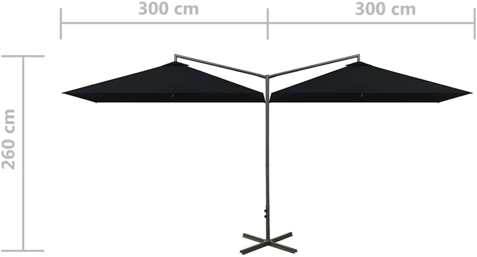 Dvigubas sodo skėtis su plieniniu stulpu, juodas, 600x300cm