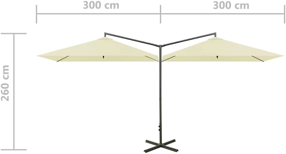 Dvigubas sodo skėtis su plieniniu stulpu, smėlio, 600x300cm