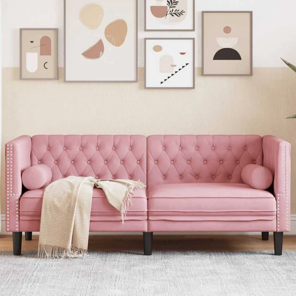 Dvivietė chesterfield sofa su pagalvėlėmis, rožinė, aksomas