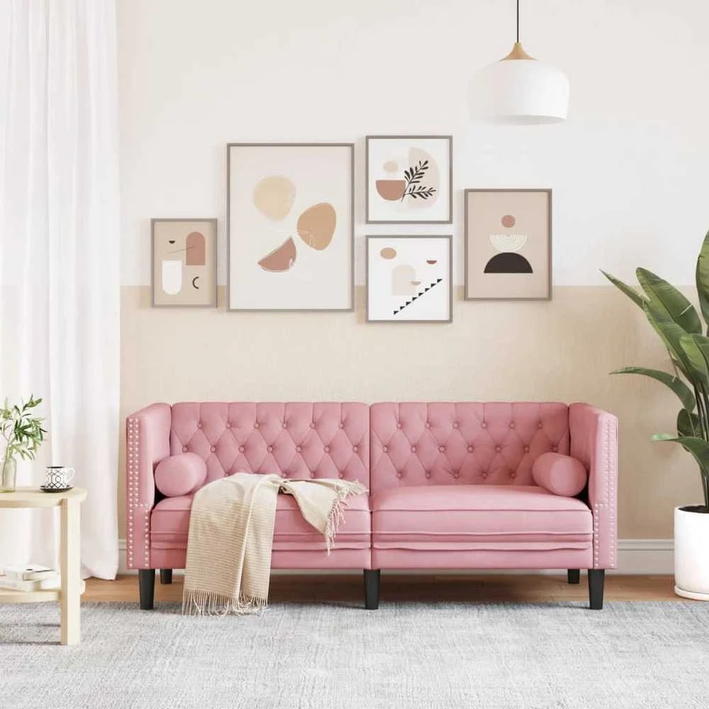 Dvivietė chesterfield sofa su pagalvėlėmis, rožinė, aksomas