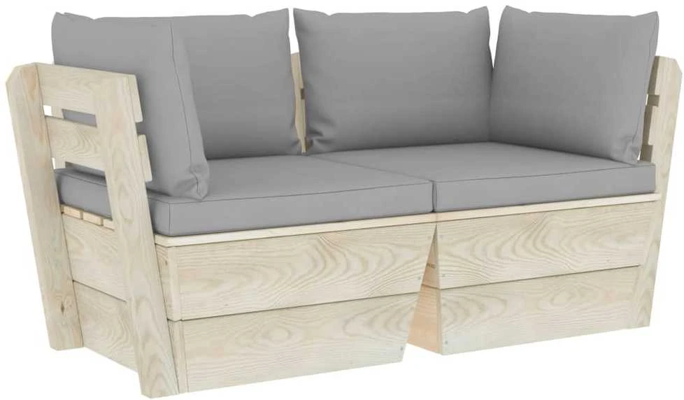 Lauko baldų komplektas Dvivietė sodo sofa iš palečių su pagalvėlėmis, eglės mediena