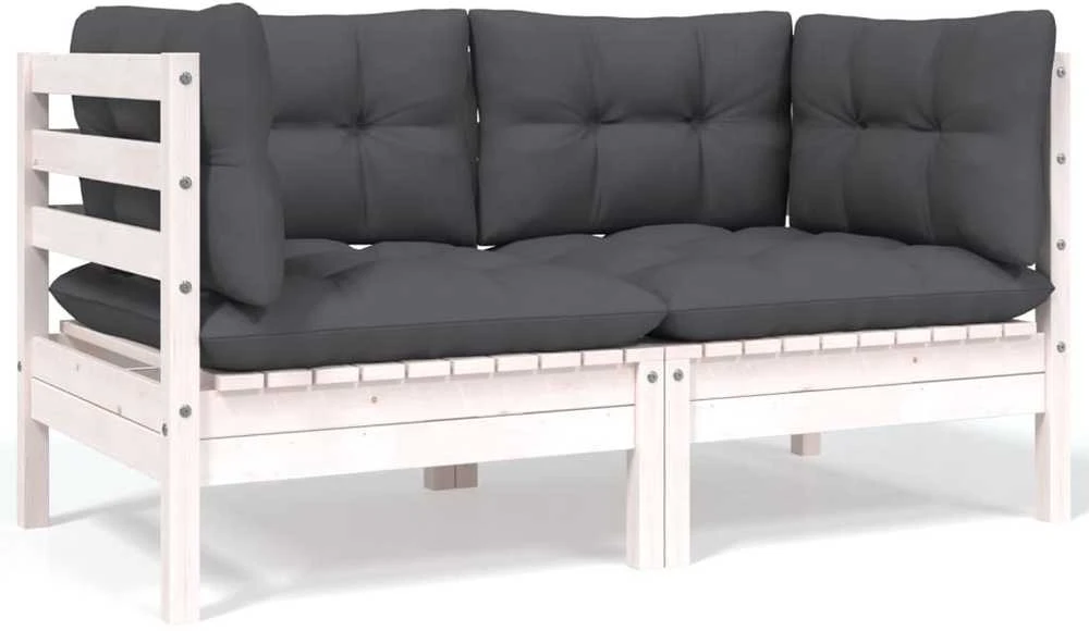Dvivietė sodo sofa su pagalvėlėmis, balta, pušies masyvas