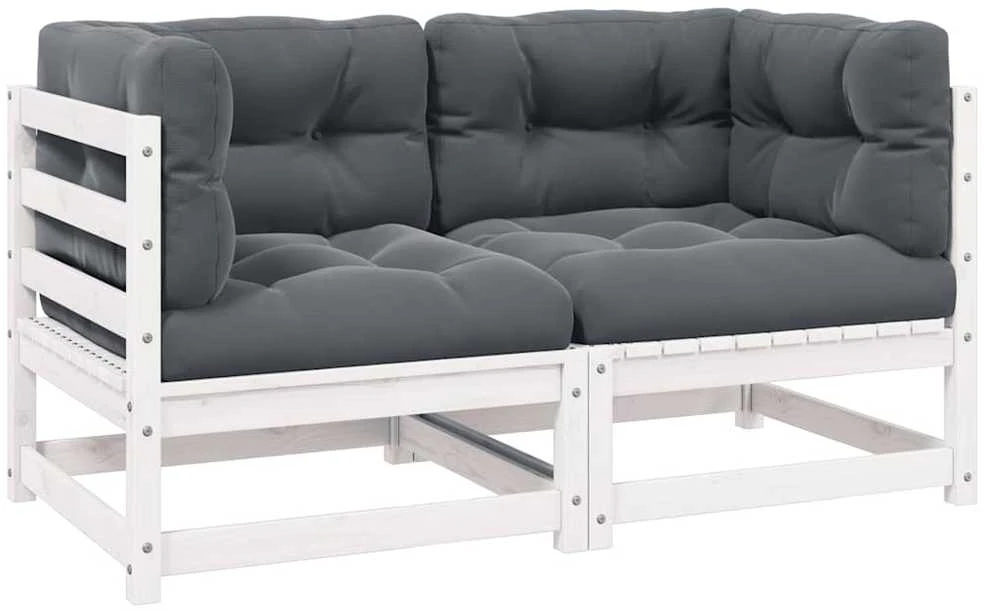 Dvivietė sodo sofa su pagalvėlėmis, balta, pušies masyvas