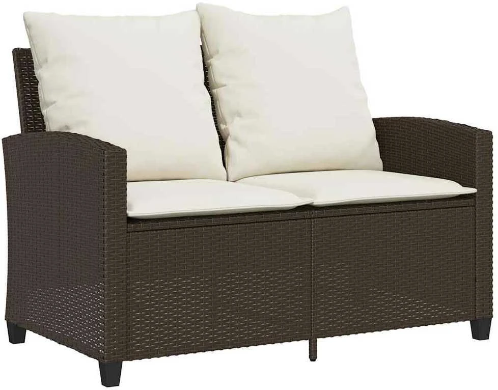 Dvivietė sodo sofa su pagalvėlėmis ir staliuku, rudos spalvos