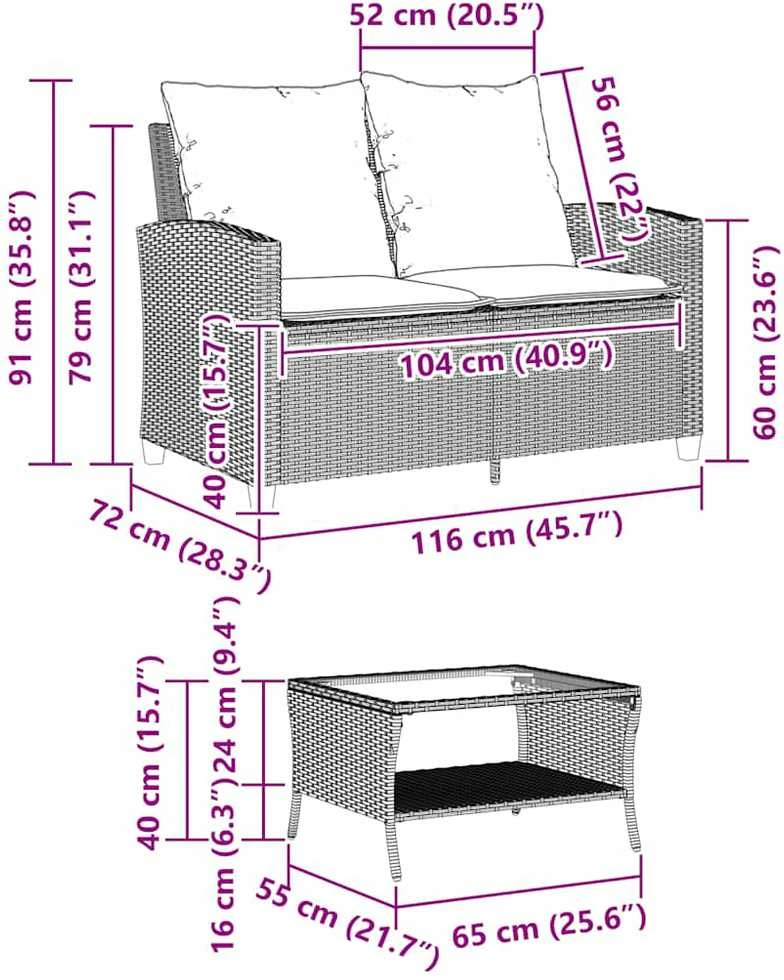 Dvivietė sodo sofa su pagalvėlėmis ir staliuku, šviesiai pilka