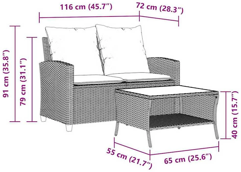 Dvivietė sodo sofa su pagalvėlėmis ir staliuku, pilkos spalvos
