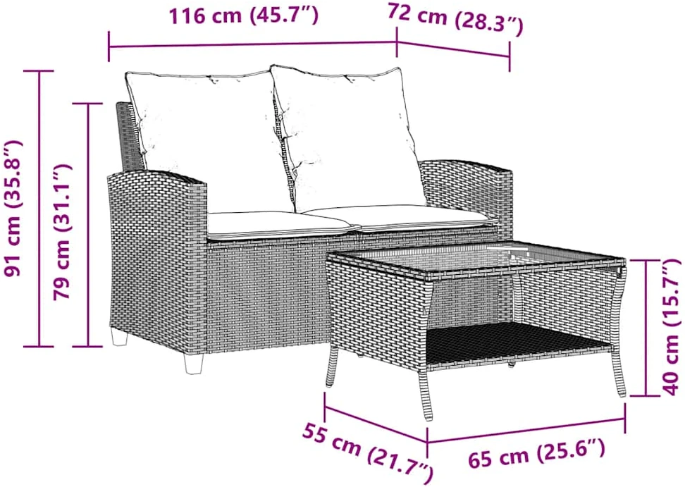 Dvivietė sodo sofa su pagalvėlėmis ir staliuku, šviesiai pilka