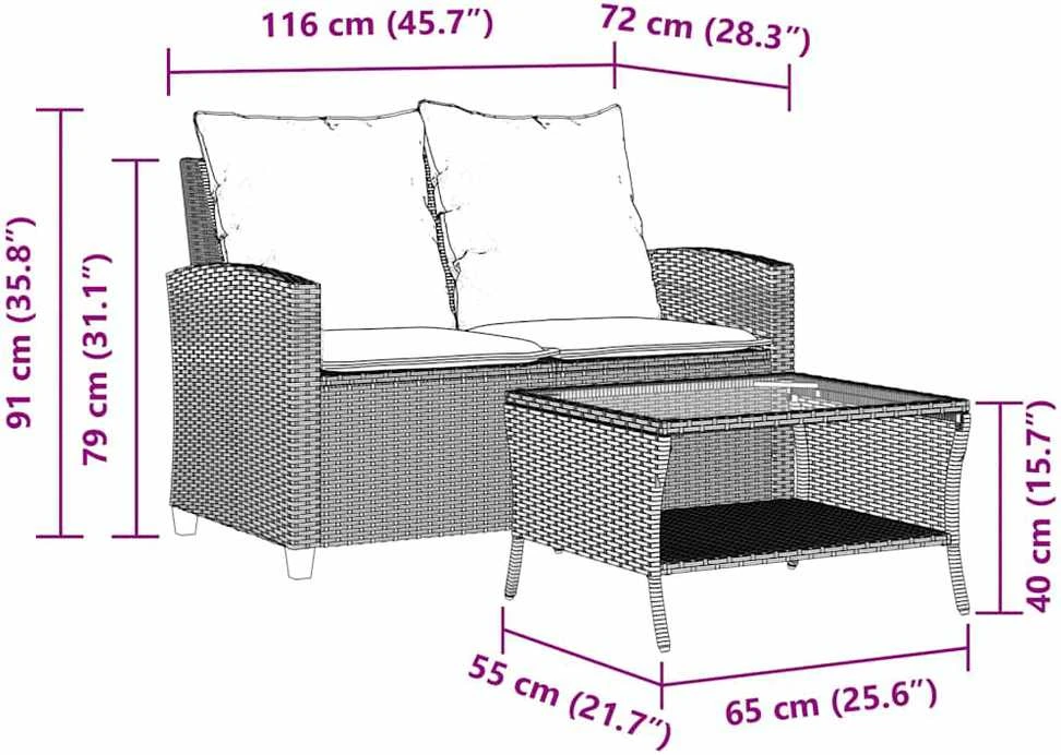 Dvivietė sodo sofa su pagalvėlėmis ir staliuku, šviesiai pilka