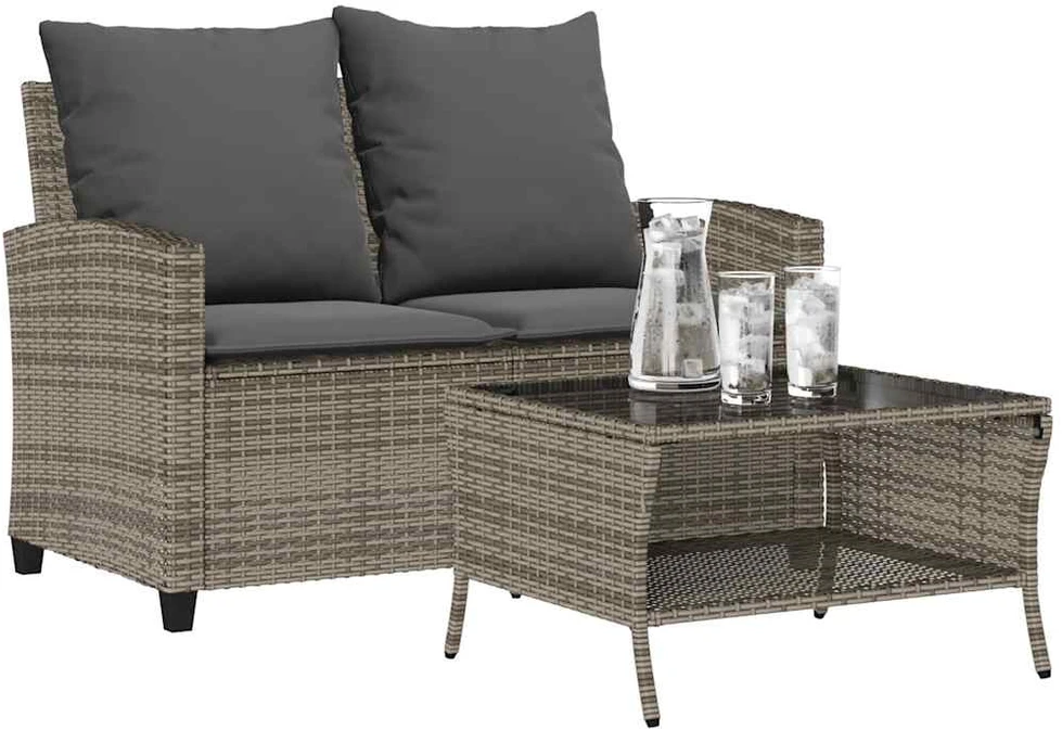 Dvivietė sodo sofa su pagalvėlėmis ir staliuku, pilkos spalvos