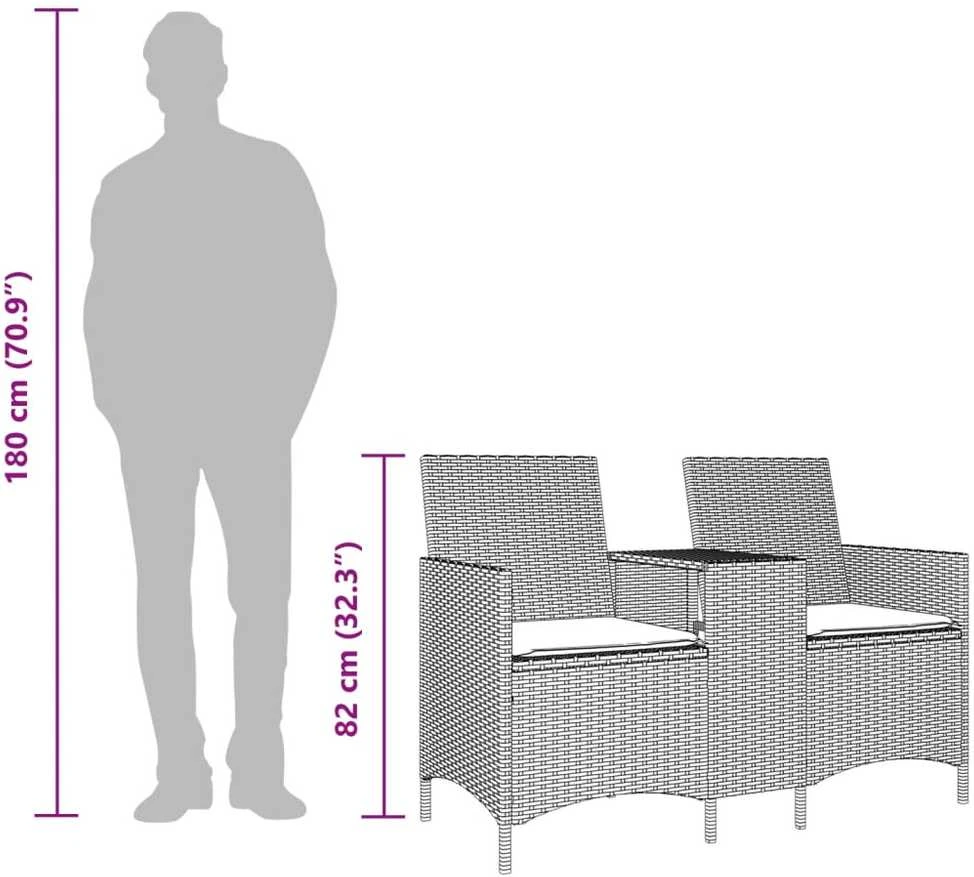 Dvivietė sodo sofa su pagalvėlėmis ir staliuku, pilkos spalvos
