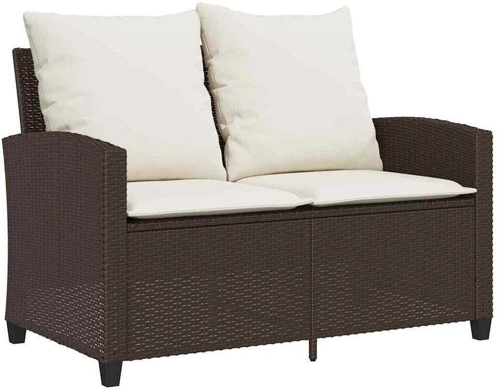 Dvivietė sodo sofa su pagalvėlėmis ir staliuku, rudos spalvos