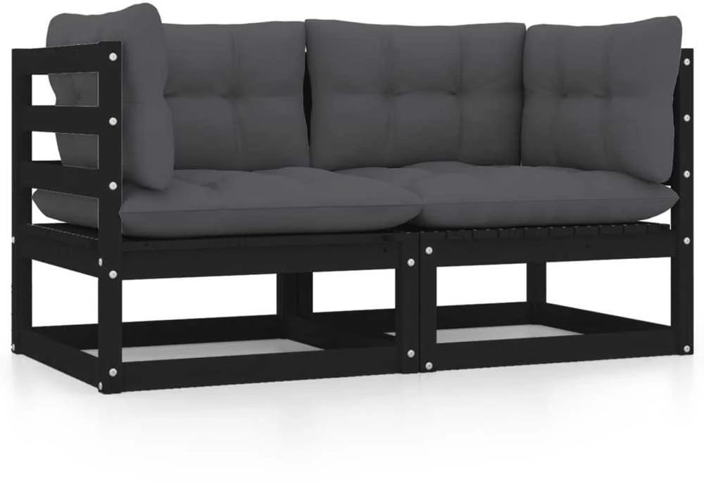 Dvivietė sodo sofa su pagalvėlėmis, juoda, pušies masyvas