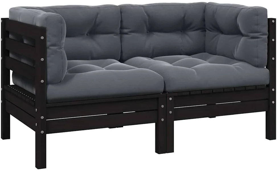 Dvivietė sodo sofa su pagalvėlėmis, juoda, pušies masyvas