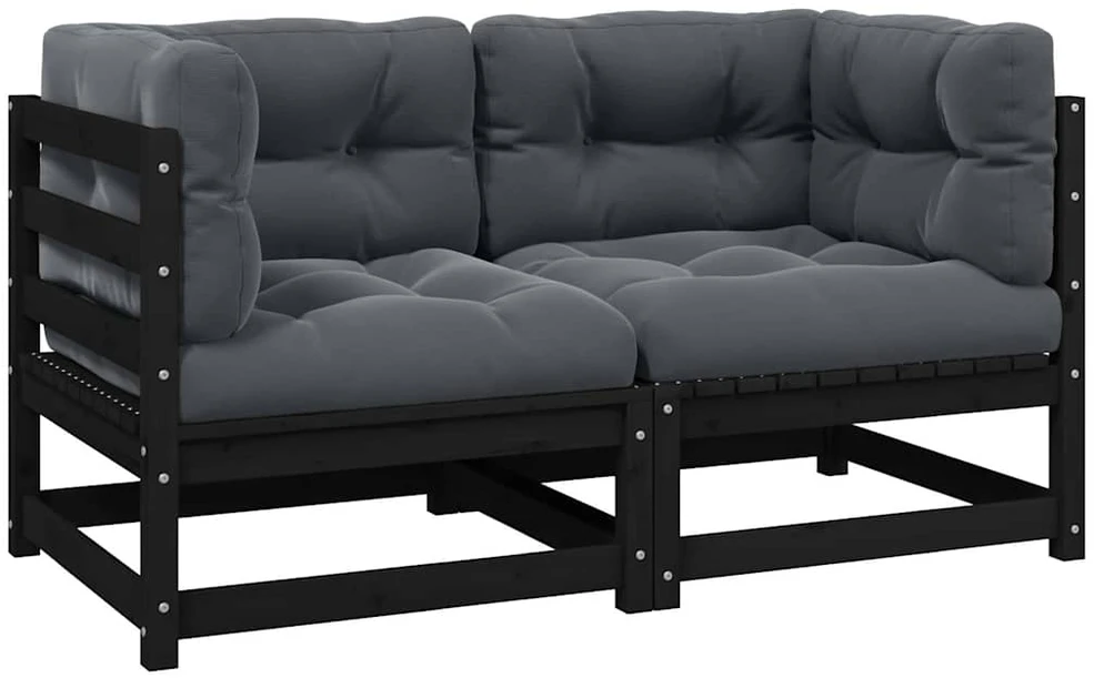 Dvivietė sodo sofa su pagalvėlėmis, juoda, pušies masyvas