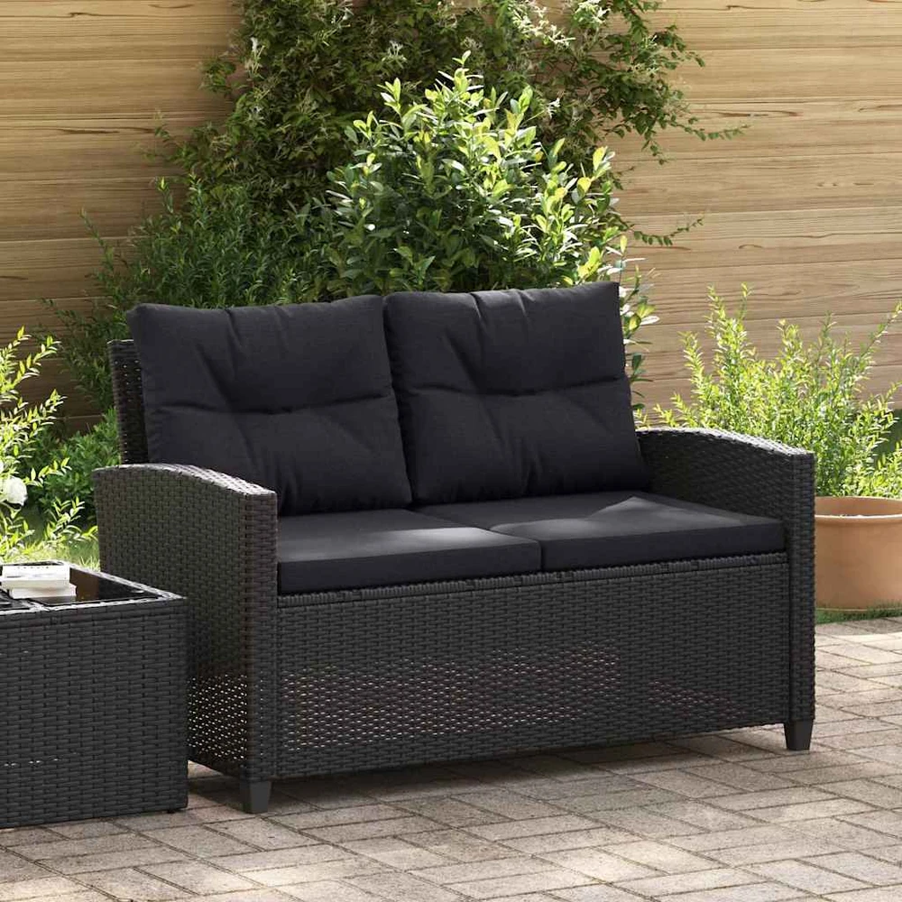 Dvivietė sodo sofa su pagalvėlėmis, juoda, 124cm, poliratanas