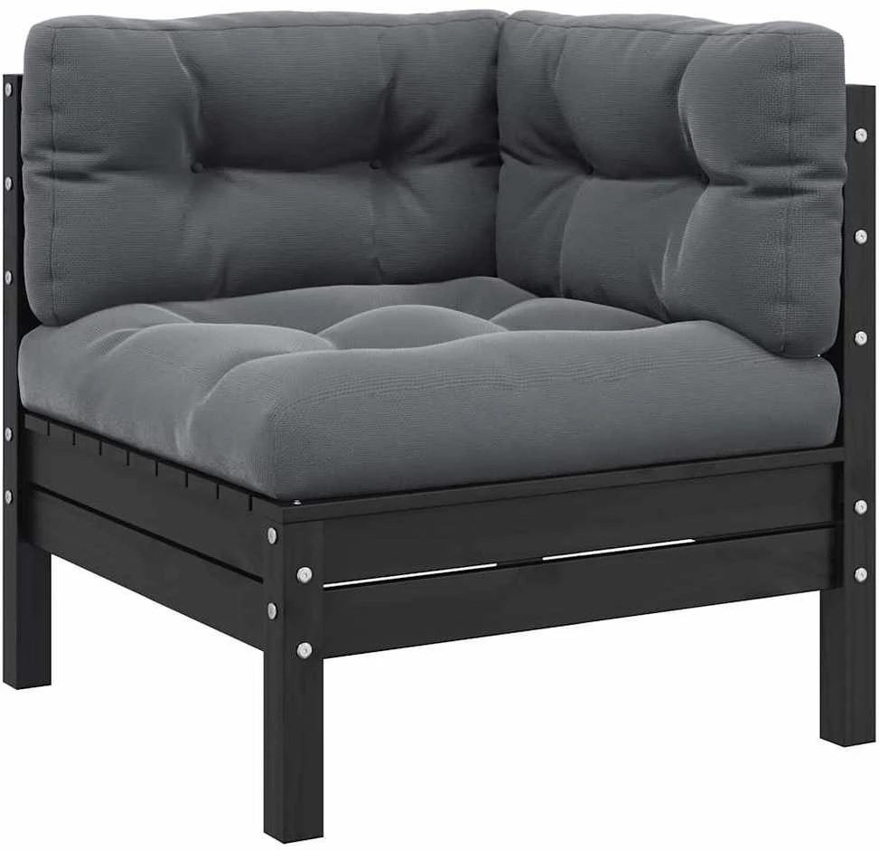 Dvivietė sodo sofa su pagalvėlėmis, juoda, pušies masyvas