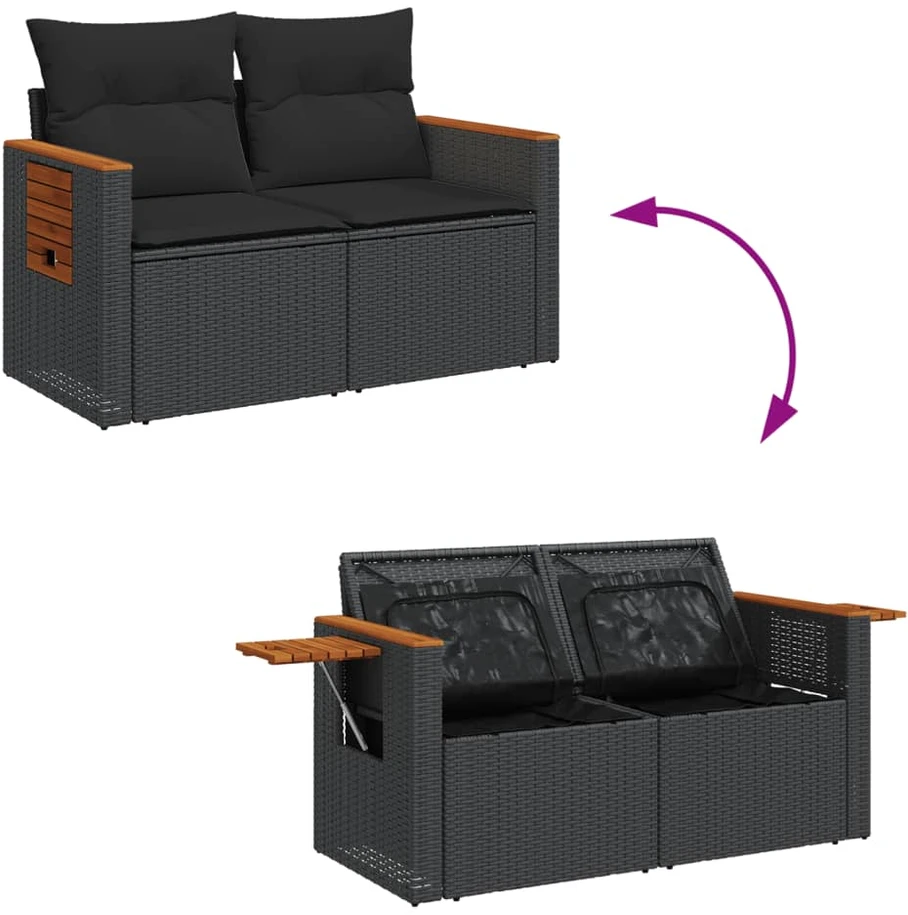 Dvivietė sodo sofa su pagalvėlėmis, juodos spalvos, poliratanas