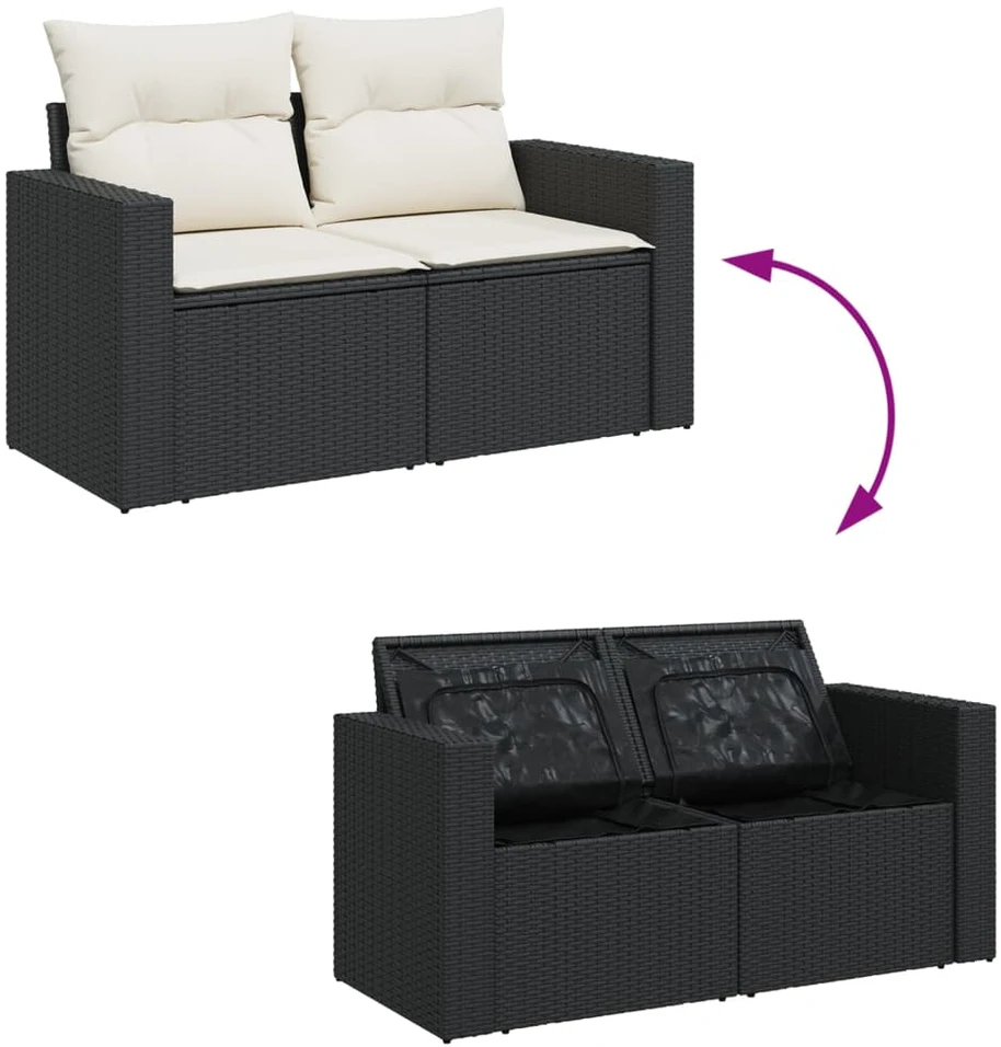 Dvivietė sodo sofa su pagalvėlėmis, juodos spalvos, poliratanas