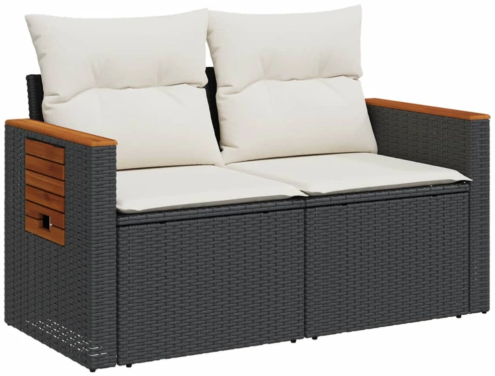 Dvivietė sodo sofa su pagalvėlėmis, juodos spalvos, poliratanas