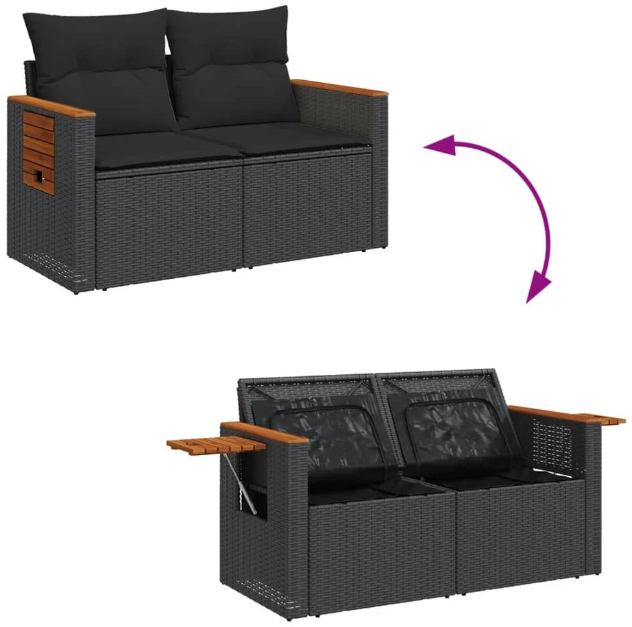 Dvivietė sodo sofa su pagalvėlėmis, juodos spalvos, poliratanas