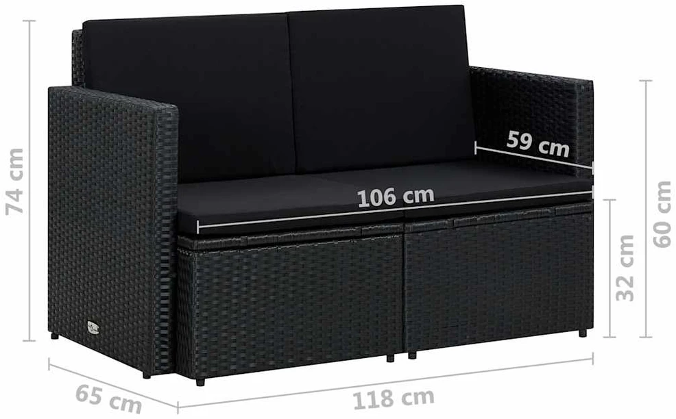 Dvivietė sodo sofa su pagalvėlėmis, juodos spalvos, poliratanas