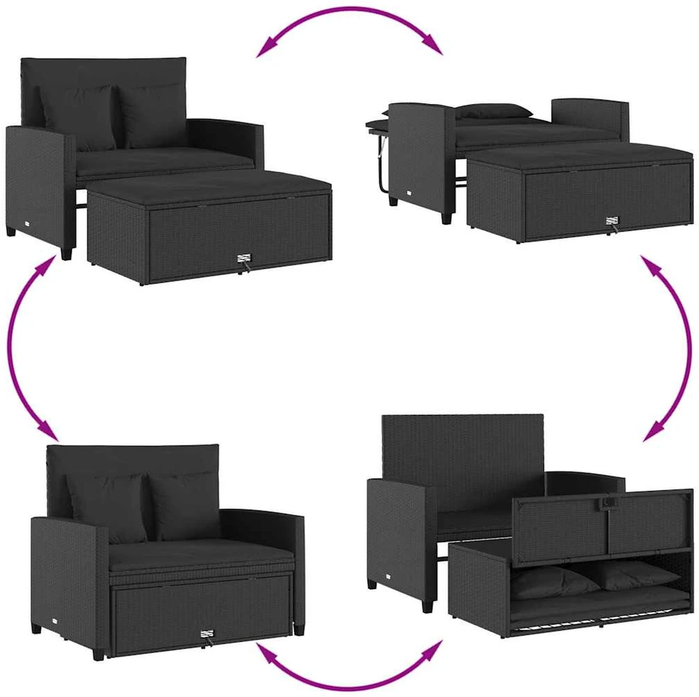 Dvivietė sodo sofa su pagalvėlėmis, juodos spalvos, poliratanas