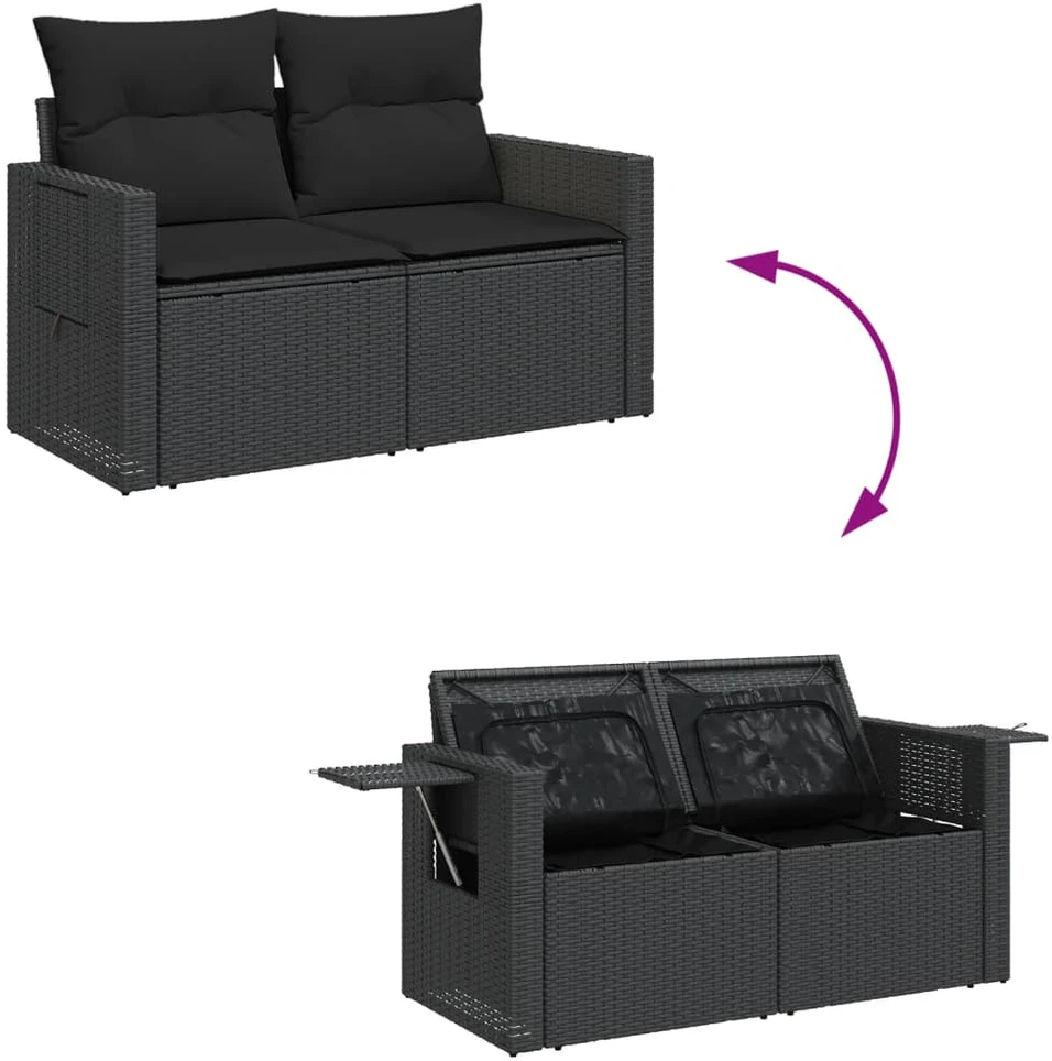 Dvivietė sodo sofa su pagalvėlėmis, juodos spalvos, poliratanas