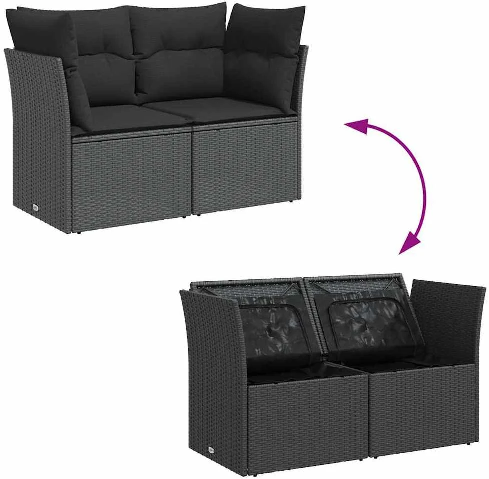 Dvivietė sodo sofa su pagalvėlėmis, juodos spalvos, poliratanas
