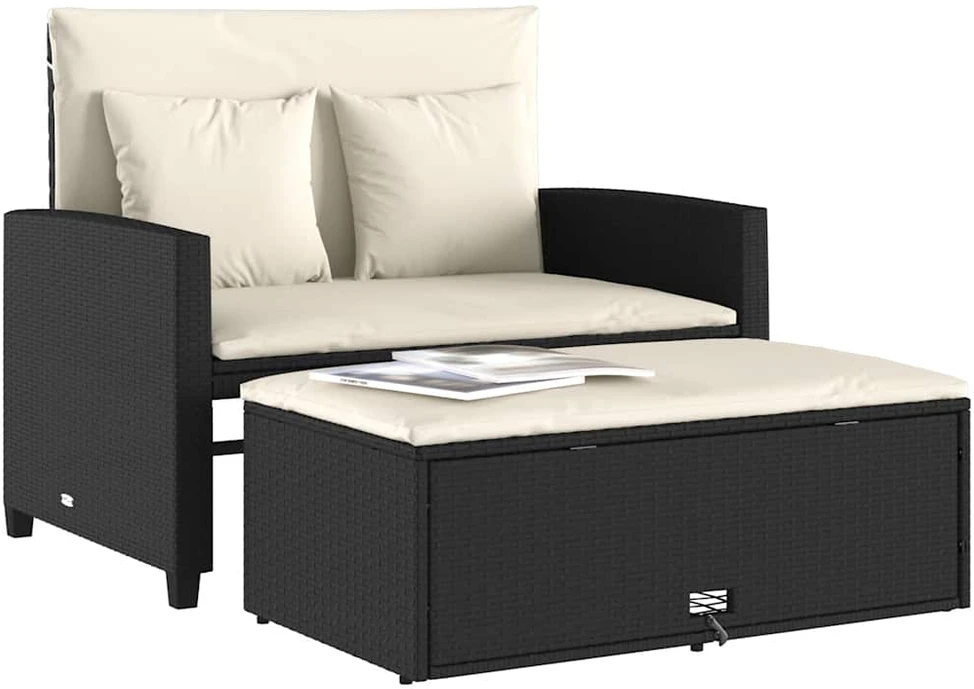 Dvivietė sodo sofa su pagalvėlėmis, juodos spalvos, poliratanas