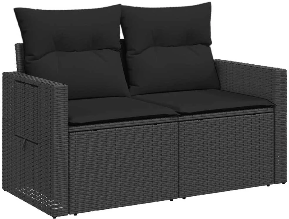 Dvivietė sodo sofa su pagalvėlėmis, juodos spalvos, poliratanas