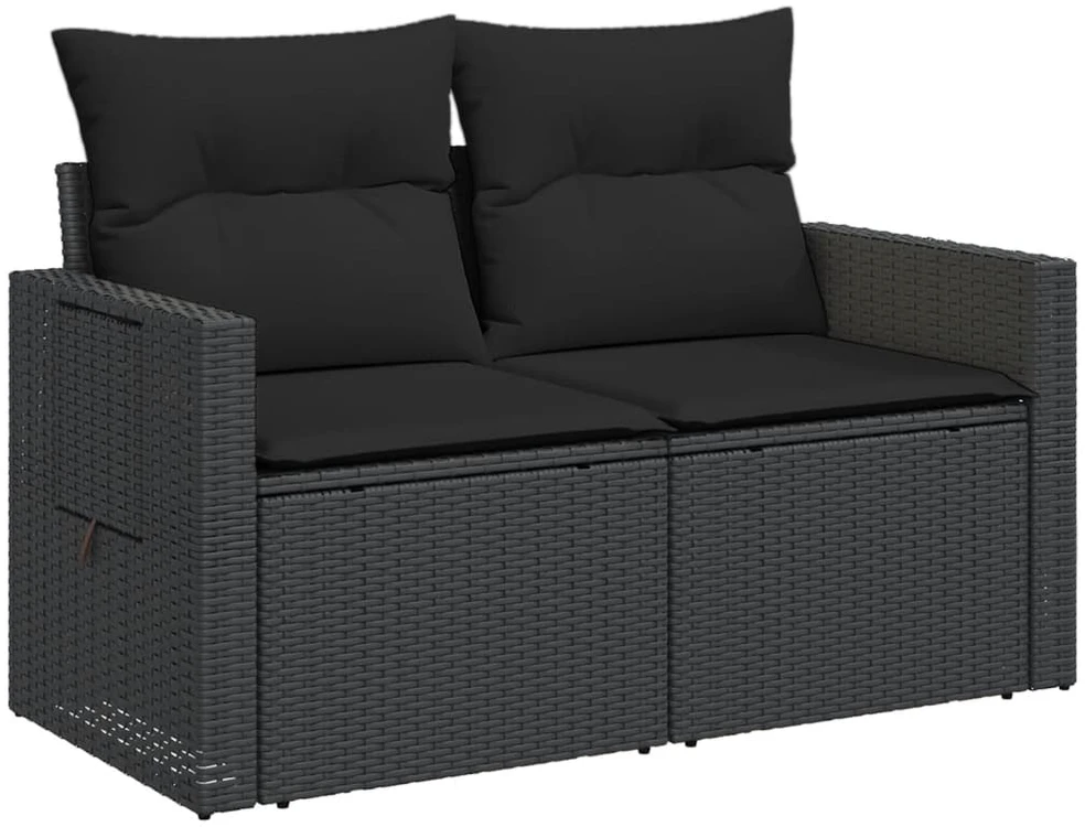 Dvivietė sodo sofa su pagalvėlėmis, juodos spalvos, poliratanas
