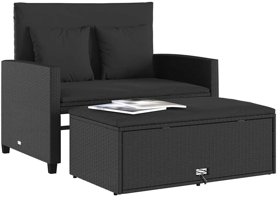 Dvivietė sodo sofa su pagalvėlėmis, juodos spalvos, poliratanas