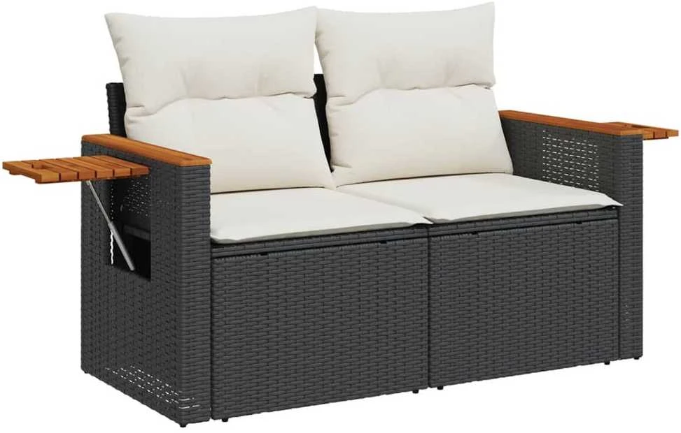 Dvivietė sodo sofa su pagalvėlėmis, juodos spalvos, poliratanas