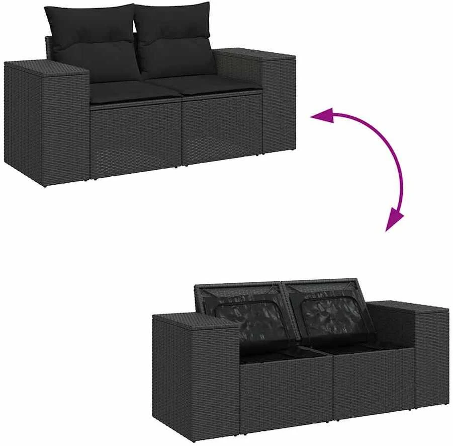 Dvivietė sodo sofa su pagalvėlėmis, juodos spalvos, poliratanas