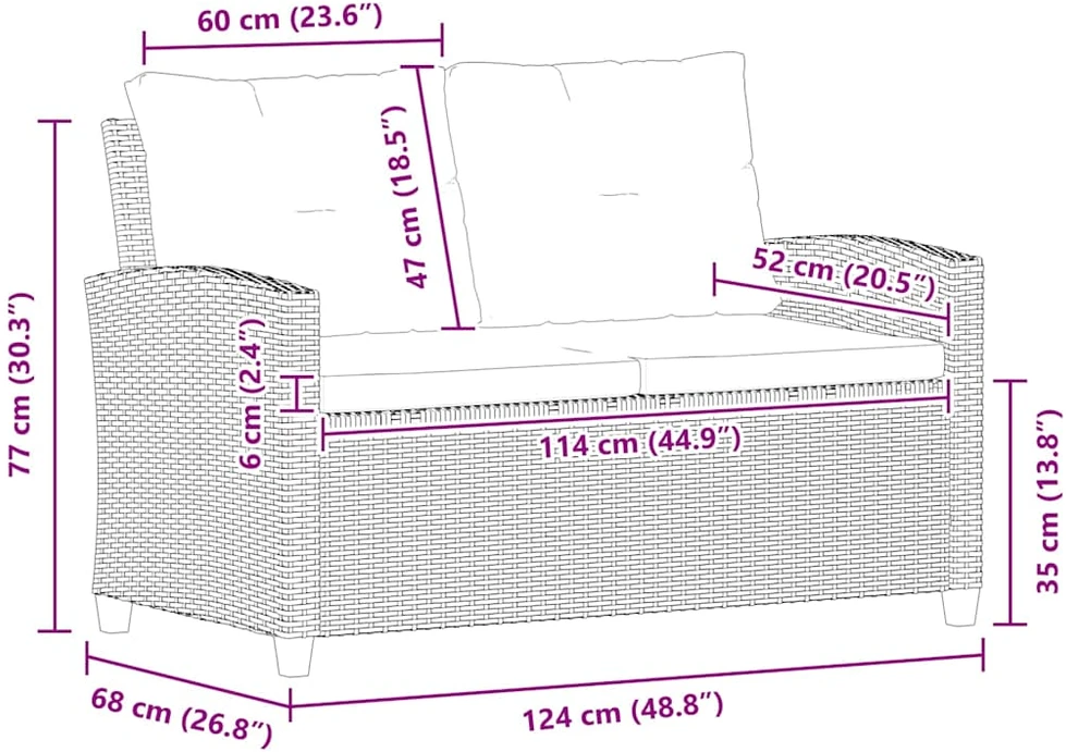Dvivietė sodo sofa su pagalvėlėmis, pilka, 124cm, poliratanas