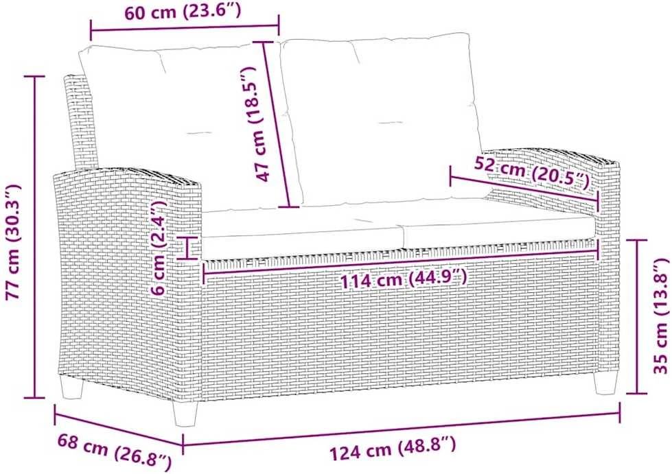 Dvivietė sodo sofa su pagalvėlėmis, pilka, 124cm, poliratanas