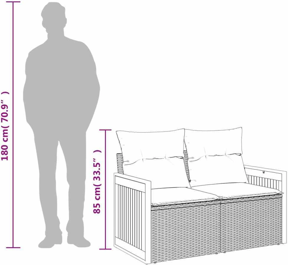 Dvivietė sodo sofa su pagalvėlėmis, pilkos spalvos, poliratanas