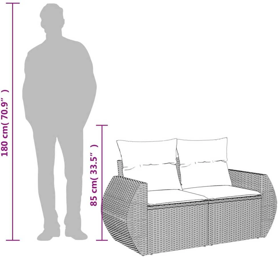 Dvivietė sodo sofa su pagalvėlėmis, pilkos spalvos, poliratanas