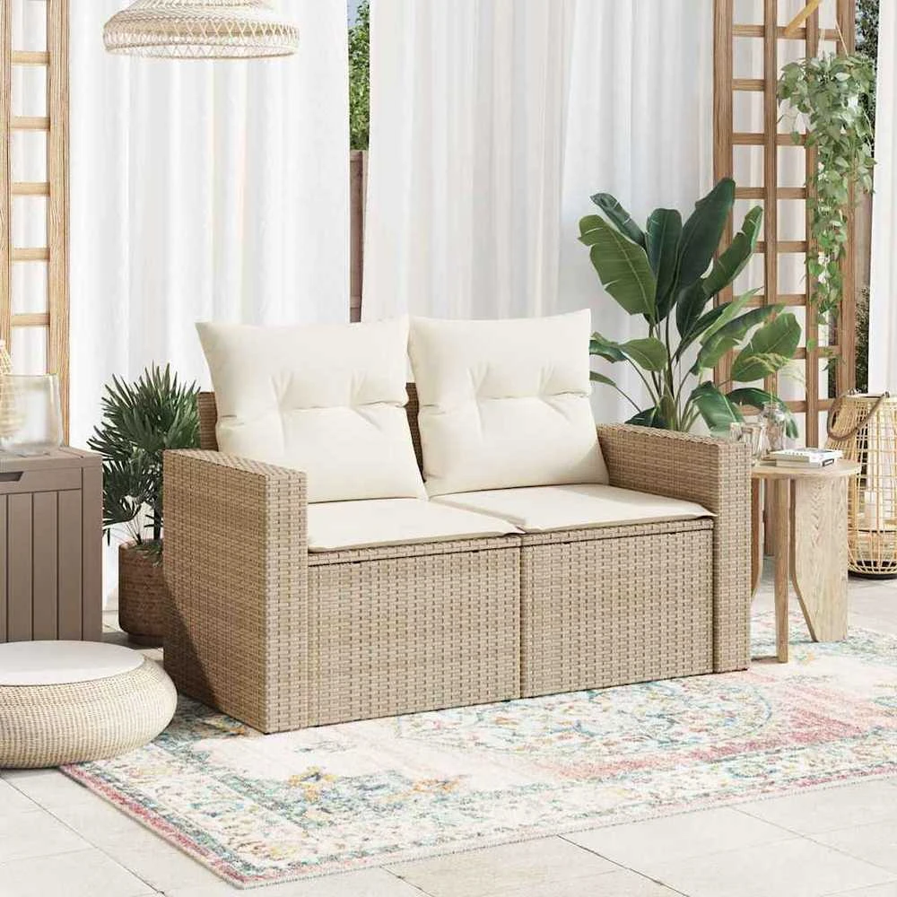 Dvivietė sodo sofa su pagalvėlėmis, smėlio spalvos, poliratanas