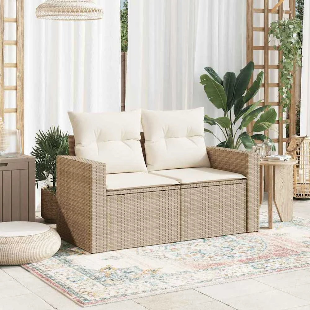 Dvivietė sodo sofa su pagalvėlėmis, smėlio spalvos, poliratanas
