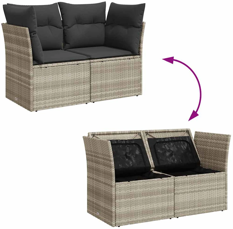 Dvivietė sodo sofa su pagalvėlėmis, šviesiai pilka, poliratanas