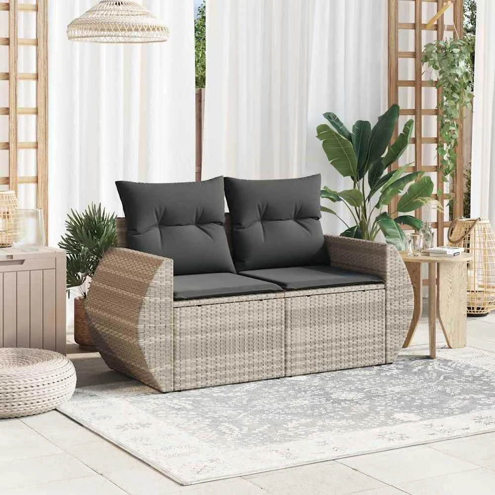 Dvivietė sodo sofa su pagalvėlėmis, šviesiai pilka, poliratanas