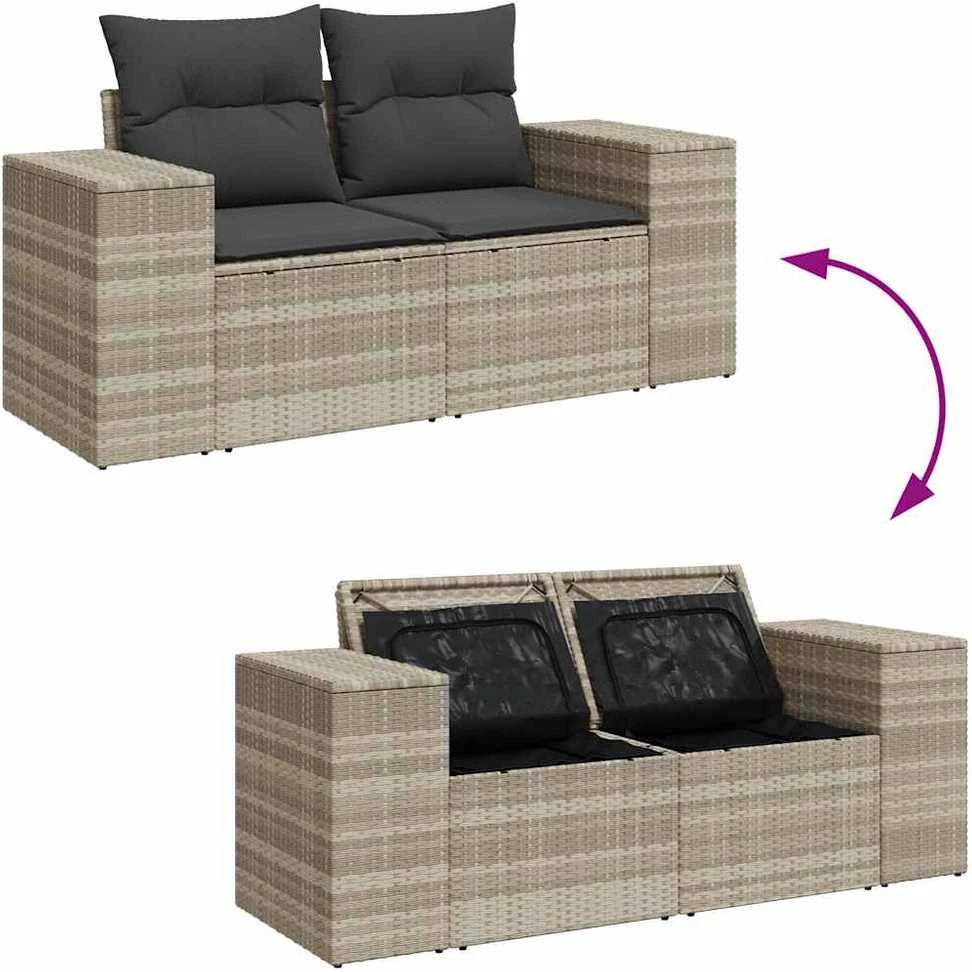 Dvivietė sodo sofa su pagalvėlėmis, šviesiai pilka, poliratanas